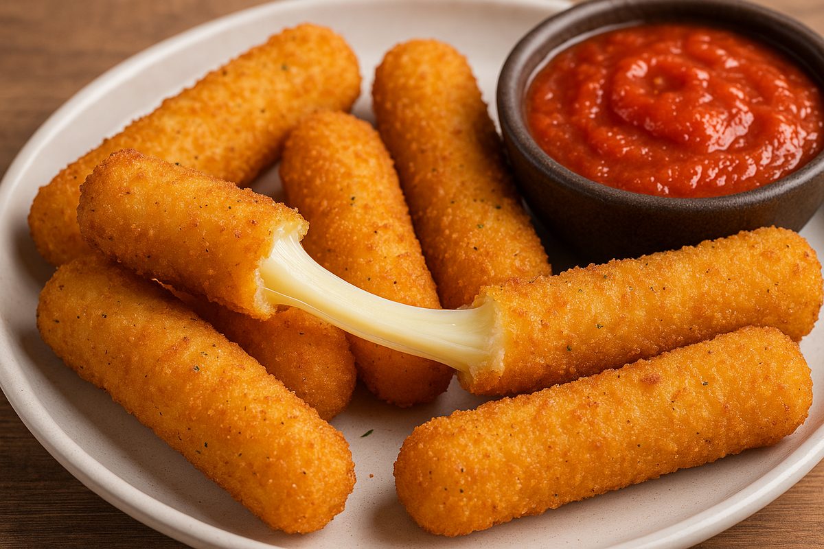 Assiette de bâtonnets de fromage croustillants servis avec une sauce marinara dans un petit bol.