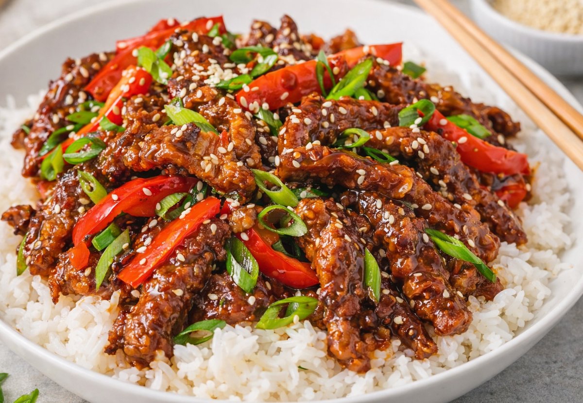 Bœuf croustillant asiatique style restaurant, enrobé d’une sauce sucrée-salée