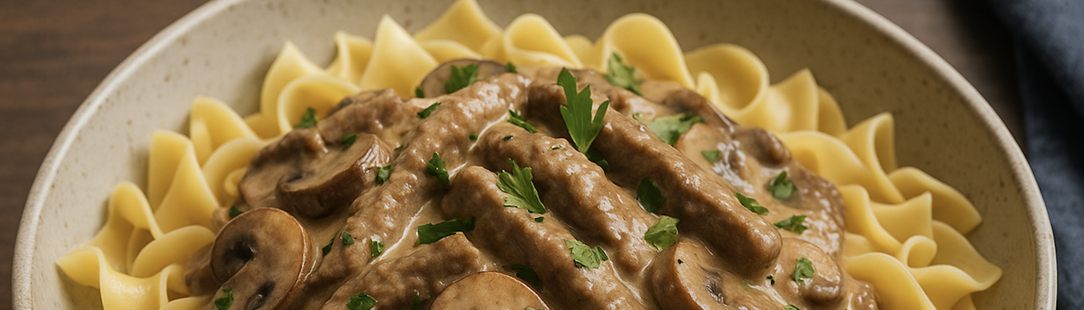 Boeuf Stroganov mijoté à la Ricardo servi sur des nouilles aux oeufs