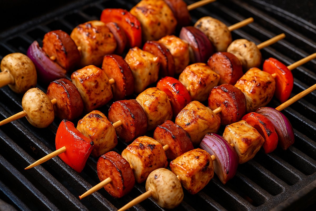 Brochettes de poulet et saucisses grillées sur BBQ