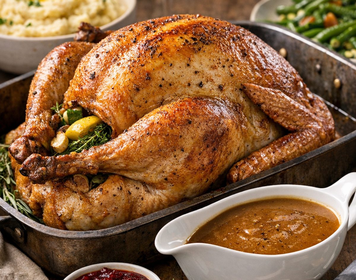 Dinde rôtie classique avec peau dorée et sauce maison