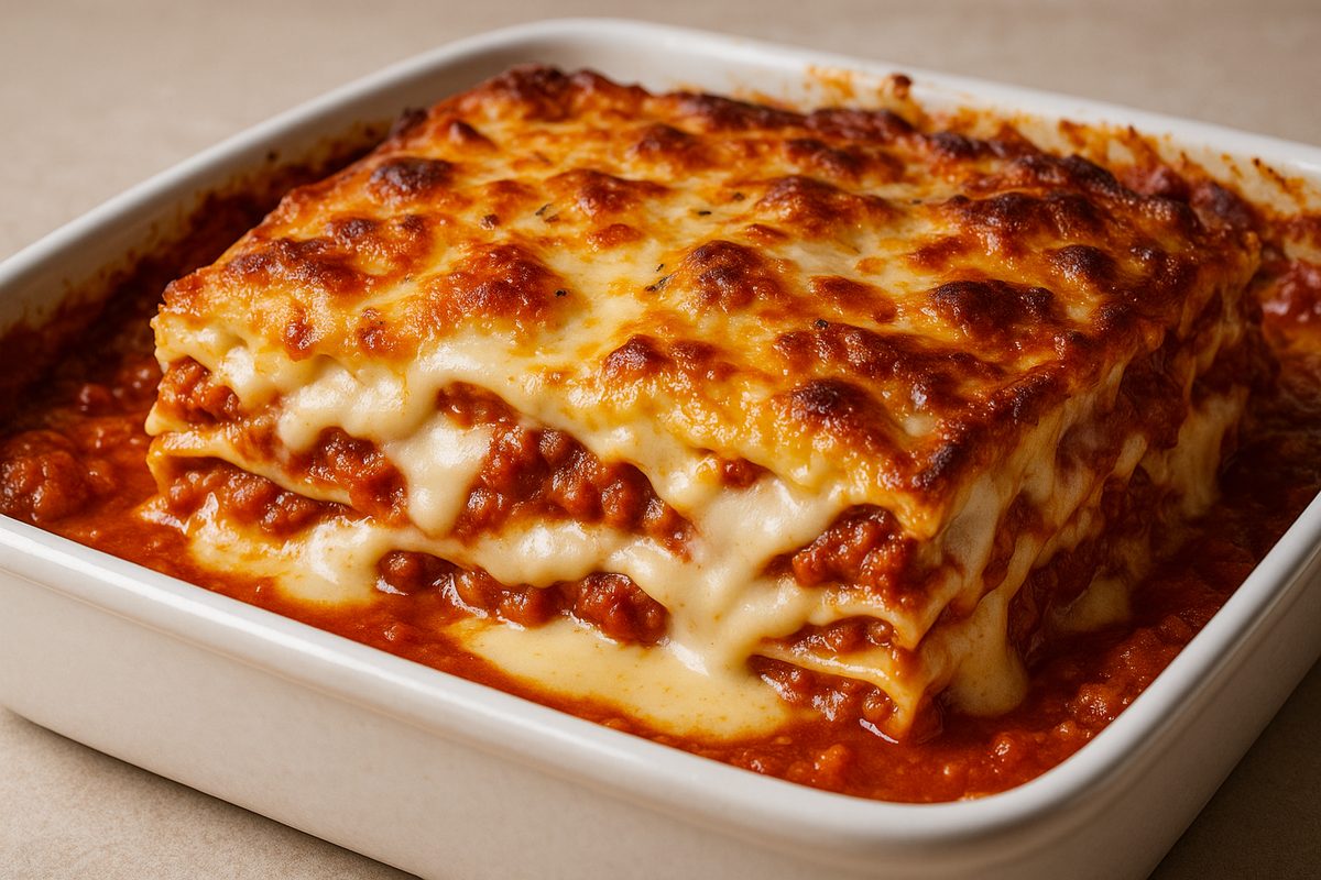 Part de lasagne crémeuse gratinée, sauce à spaghetti maison et béchamel, dans un plat de cuisson.