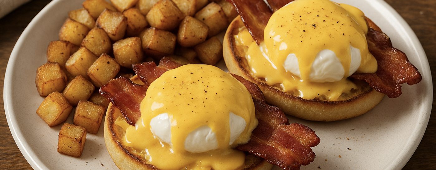 Assiette d’œufs bénédictine nappés de sauce hollandaise crémeuse avec pommes de terre rissolées et bacon croustillant.