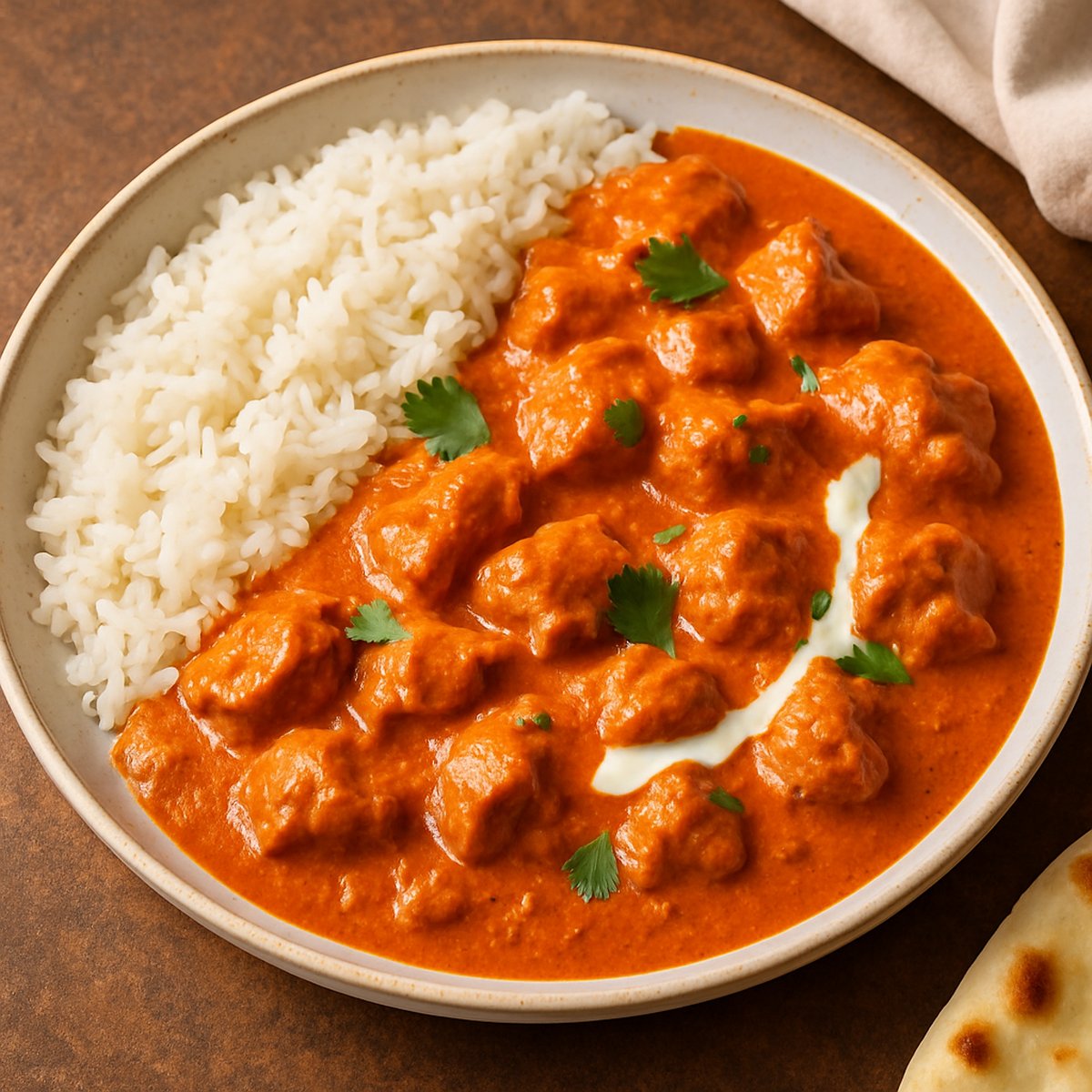 Assiette de poulet au beurre crémeux servie avec du riz basmati