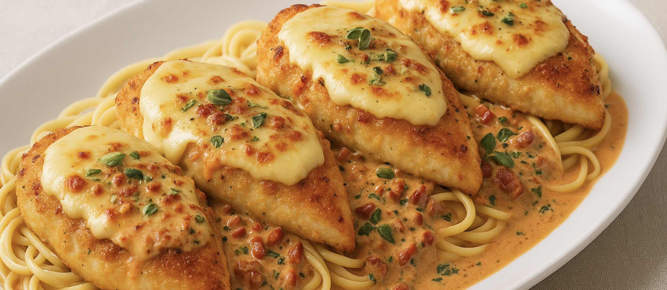 Poulet Coquette à la Baby-boy : poitrines gratinées nappées d’une sauce crémeuse au prosciutto, tomates séchées et origan