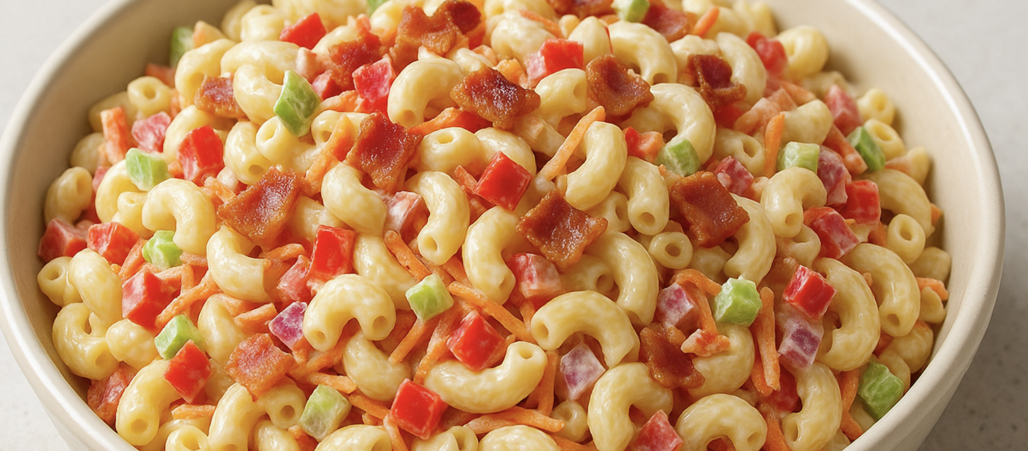 Salade de macaronis crémeuse avec légumes croquants et bacon
