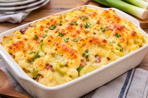 Mac & Cheese alpin aux poireaux, gratiné et croustillant