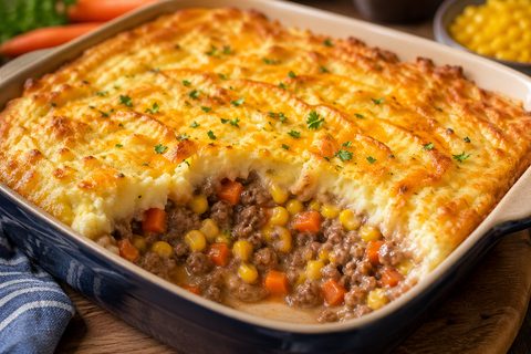 Pâté chinois au maïs en grains, carottes et sauce crémeuse