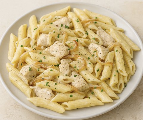 Penne rigate au poulet et oignons caramélisés