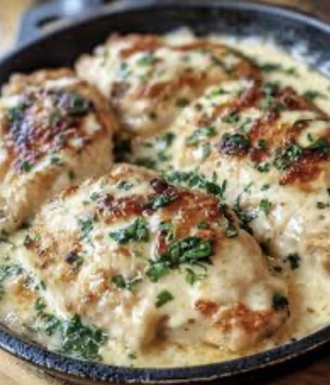 Poitrines de poulet au parmesan avec poêlée d’oignons à la crème et au Migneron