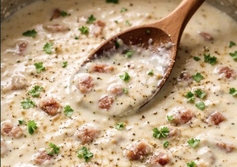 Sauce crémeuse bacon, oignon et vin blanc