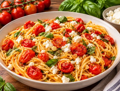 Spaghettinis aux tomates cerises rôties, au basilic et feta