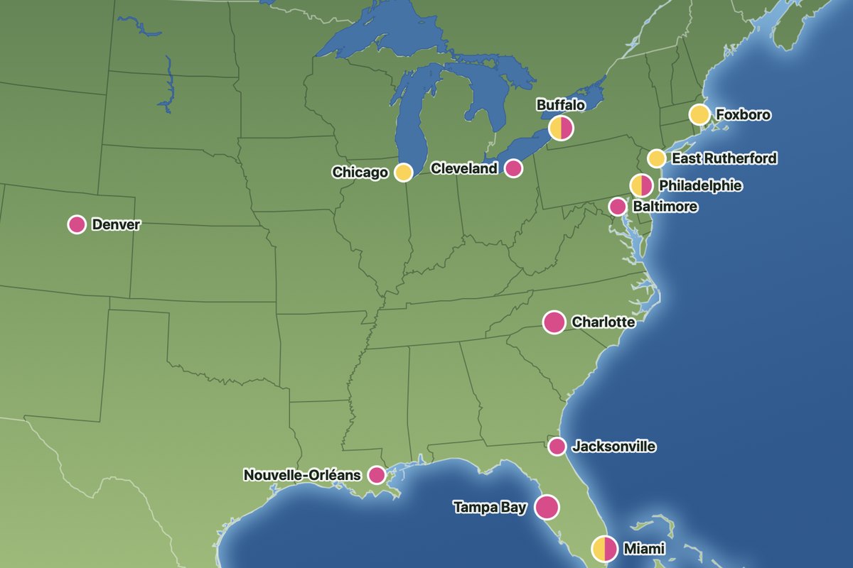 Carte des stades de la NFL où nous avons vu un match