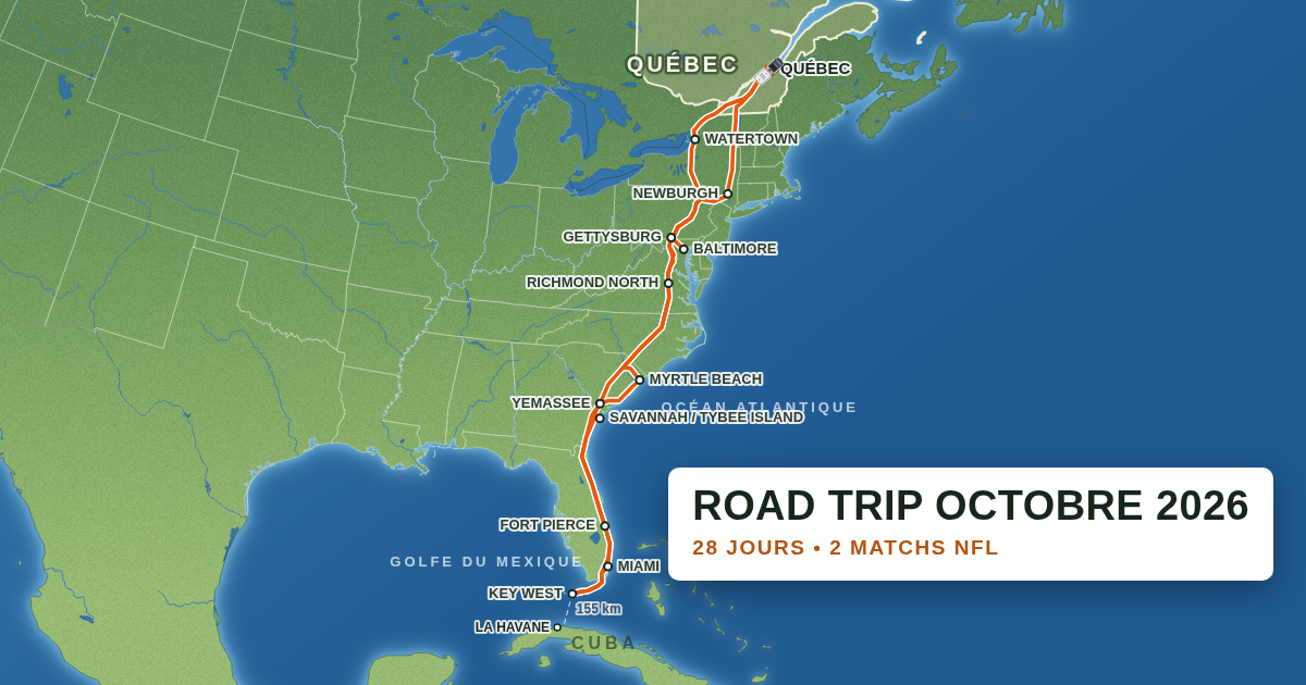 Carte du road trip Québec → Key West, octobre 2026
