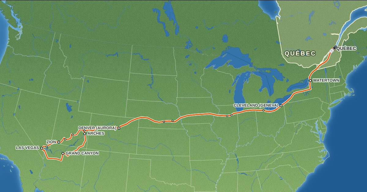 Carte du road trip Québec → Grand Canyon, automne 2024